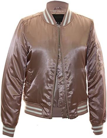 Miss London Ladies Womens Juniors Satin Poly-Filled Varsity Bomber Flight Jacket With Striped Rib W/Zipper Sleeve Pocket - Mauve (M)