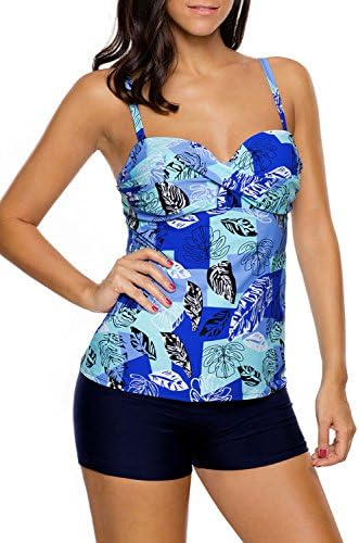 QiKa Women Floral Print Shoulder Straps Bandeau Swimdress 2pcs Tankini Swimsuit with Shorts Sporty Bathing Suit,blue,XL