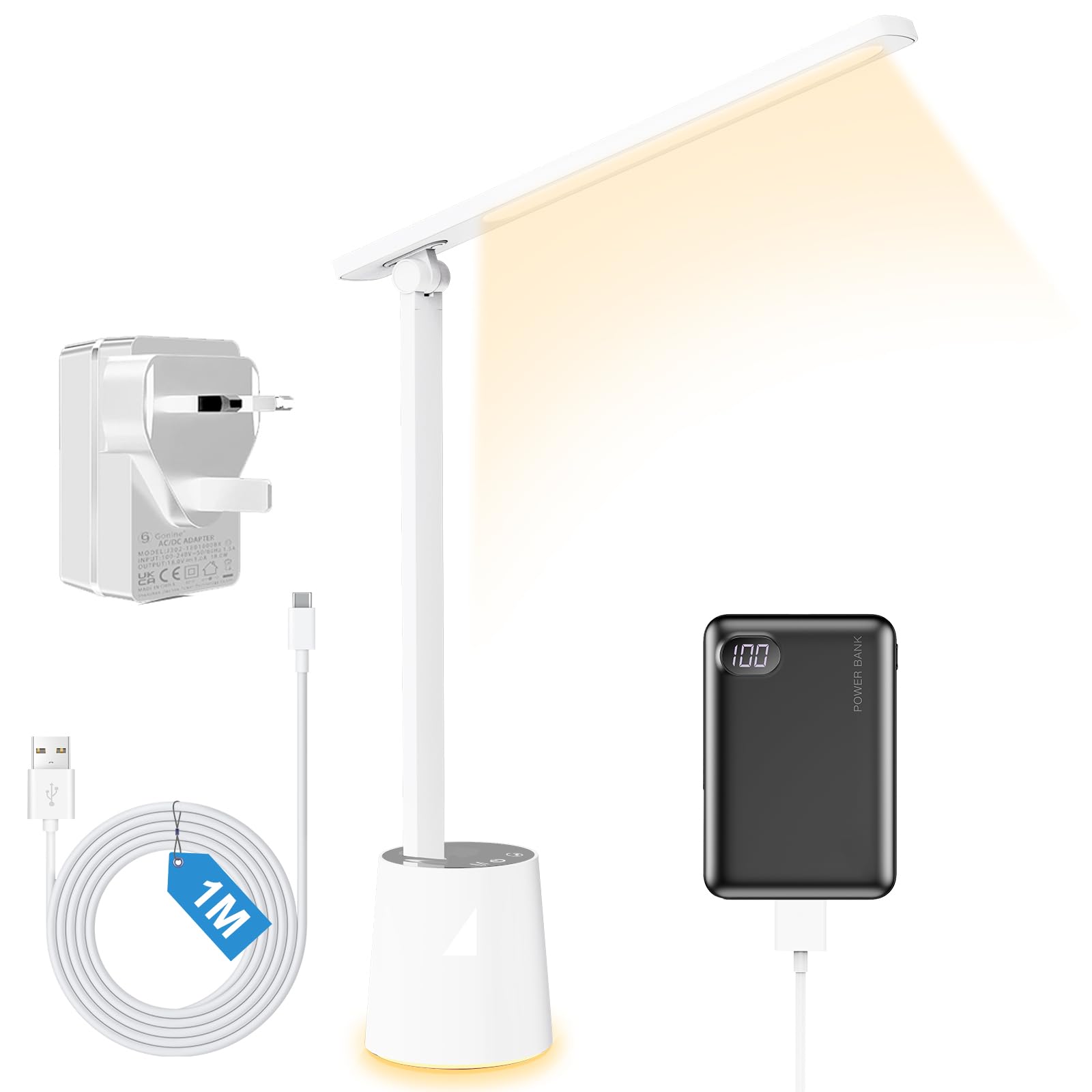 HOHAOO LED Desk Lamp, Eye-Caring Table Lamp, USB Touch Control Dimmable Reading Lamp, Adjustable Desk Light with 5 Brightness Levels x 5 Color Modes for Office, Reading, Study, 5V, 1.3A