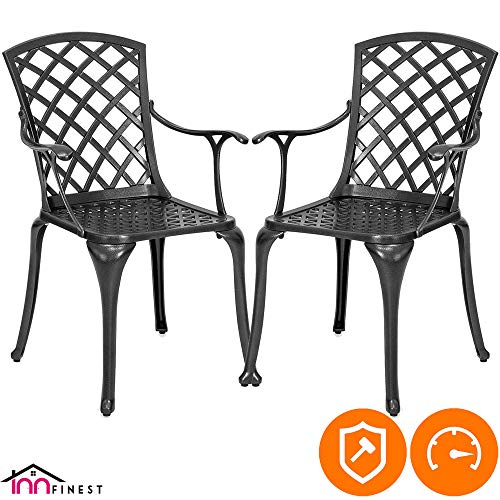 2-Piece Patio Bistro Dining Chair Set - Cast Aluminum Lattice Weave Design - Ergonomic Rust Resistant - for Outdoor Furniture Patio Deck Garden - Optional Add-on Table for 5 or 7 Piece Set (Black)