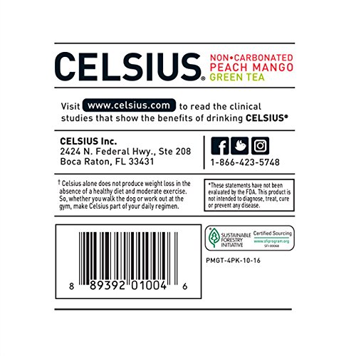 CELSIUS Peach Mango Green Tea, Functional Essential Energy Drink 12 Fl