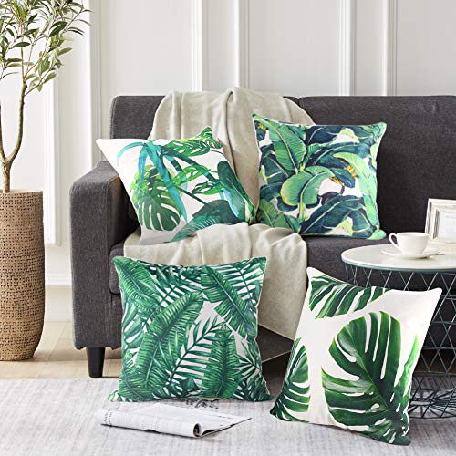Johouse 4 PCS Tropical Leaves Pillow Covers, Cotton Linen Decorative Summer Green Leaf Throw Cushion Cover for Sofa Bed Car Couch and Summer Party Favor,18x18inch