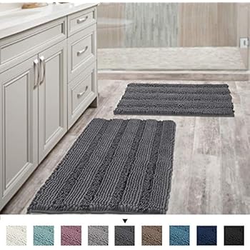 Grey Bath Mats for Bathroom Non Slip Ultra Thick and Soft Chenille Plush Striped Floor Mats Bath Rugs Set, Microfiber Door Mats for Kitchen/Living Room (Pack 2-20