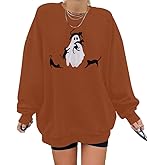 Halloween Spooky Season Sweatshirt Women: Oversized Black Cat Ghost Sweatshirts Fall Embroidered Pullover Top