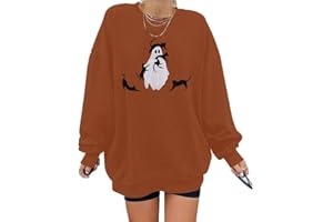 LUKYCILD Halloween Spooky Season Sweatshirt Women: Oversized Black Cat Ghost Sweatshirts Fall Embroidered Pullover Top