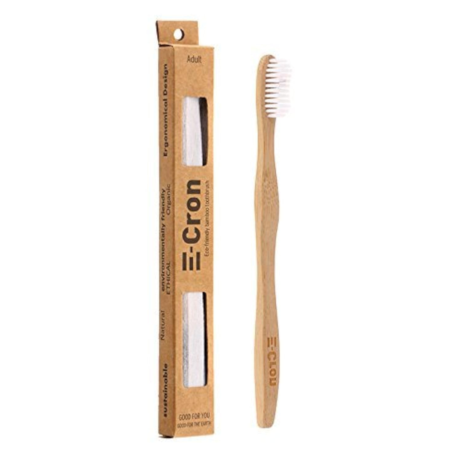 1 x E-Cron Bamboo Toothbrush (White) with Eco-friendly, 100% organic and biodegradable toothbrush with curved handle. Your Natural Dental Care with The clean and warm touch of The bamboo.