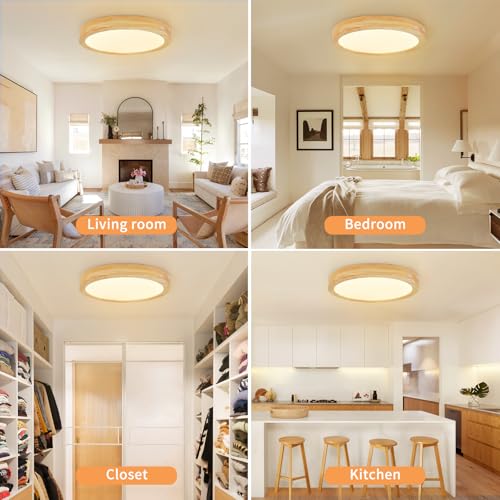 Kambo LED Ceiling Light Wood 3000K Warm White 24W 3100LM | Round Nordic Flat Ceiling Light Diameter 30 cm for Bedroom, Living Room, Kitchen, Dining Room, Hallway