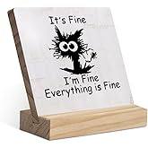 EIONEY Funny Office Wood Plaque With Wooden Stand Sign Desk Decor, Black Cat It's Fine I'm Fine Everything is Fine, Home Office Wall Tabletop Shelf Decor,Coworker Gift