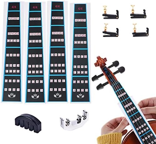 HONGTIAN 5 Pcs 4/4 Fingerboard Sticker Violin Mute and Finger Guide Pack,Fret Guide Label Chart and Tuner Adjuster Practice Silencer for Beginners