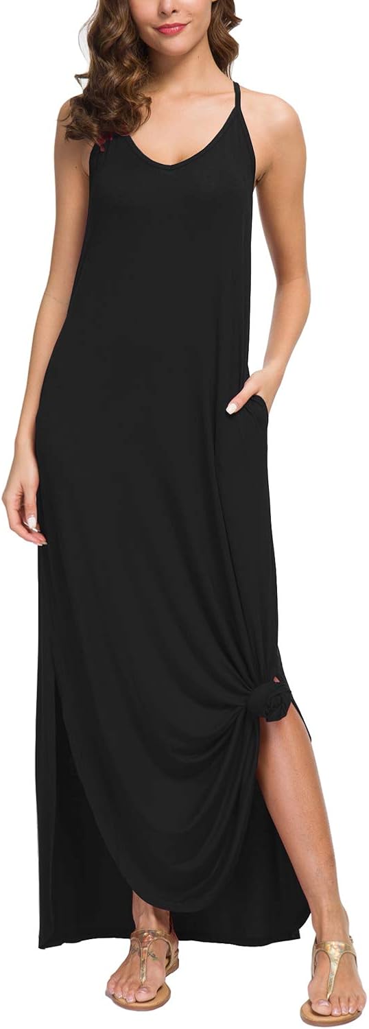 GRECERELLE Women's Summer Casual Loose Dress Beach Cover Up Long Cami Maxi Dresses with Pocket at  Women’s Clothing store