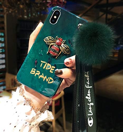 iPhone Xs Max Case,Fashion Black Marble Cute Bee Cover with Rabbit Fur Hairball Phone Case for iPhone Xs Max 6.5-inch,B6