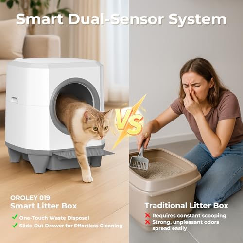 OROLEY Self-Cleaning Litter Box, Automatic Cat Litter Box with APP Control & Safety Sensor，Large Capacity Design for Multiple Cats,Built-in Deodorizing Scent Box and Garbage Bags