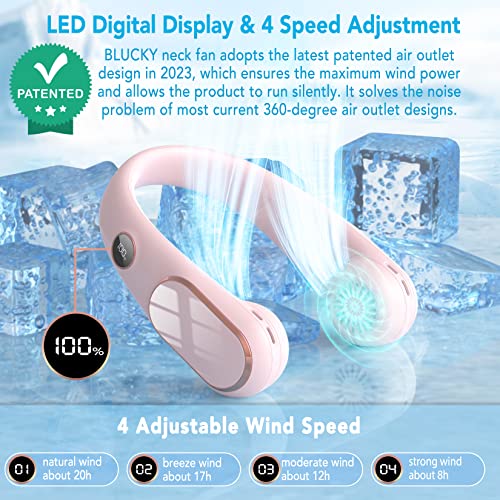 Portable Neck Fan, 5200mAh Bladeless Neck Fan 4 Speeds Adjustment with Digital Display, USB Rechargeable Neck Fans for Women and Men, Great for Home Office Camping Hiking (Pink)