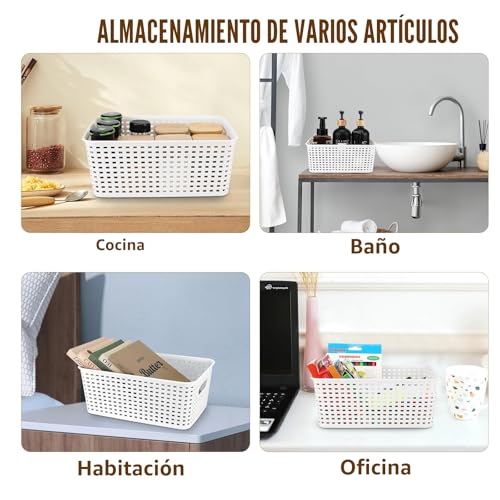 3 Pieces Plastic Storage Baskets with Bamboo Lid Organizer Baskets | Stackable Plastic Organizer Boxes with White Handles for Desk, Office, Cosmetic, Bathroom, Toys