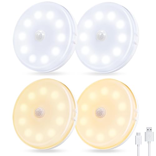 Forepin Motion Sensor Lights Indoor, Rechargeable Stair Lights, 3-Color Upgrade Night Light Magnetic LED Lamp for Stairs Wardrobe Bedroom Bathroom Corridors Closet Kitchen, 4 Pack