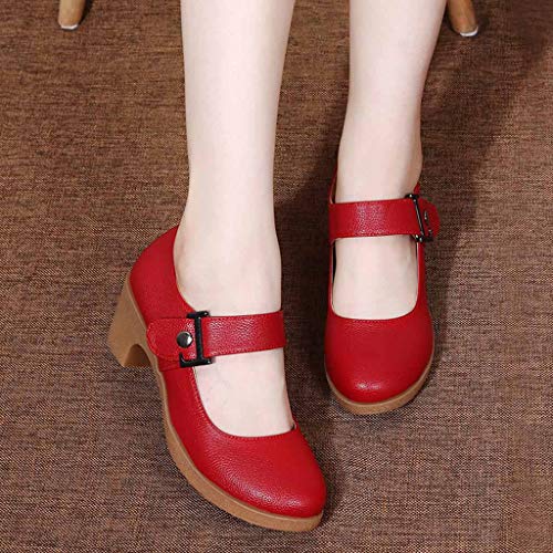 Womens Buckle Strap Dance Leather Shoes - Rumba Waltz Prom Latin Tango Ballroom Party Block Heel PU Dance-Shoes (Red, US:7) - Thumbnail 2