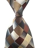 Secdtie Men's Classic Checks Dark Blue Grey Jacquard Woven Silk Tie Necktie (One Size, Brown)