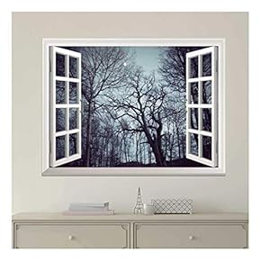 Modern White Window Looking Out Into a Forest with Trees Full of Branches - Wall Mural, Removable Sticker, Home Decor - 24x32 inches