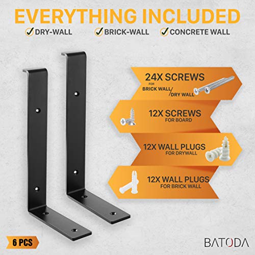 BATODA Lip Shelf Brackets 9" x 6" (6pcs) - Floating Shelf Bracket - Heavy Duty Brackets for Shelves - Wall Mounted Support with Lip for DIY Open Shelving - Screws and Wall Plug Included