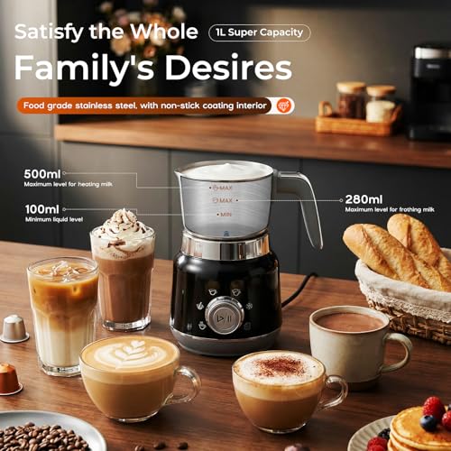 Yaskyly 6 in 1 Electric Milk Frother 560W 1L Cold Hot Foam Milk Warmer and Milk Warmer for Latte, Cappuccinos, Macchiato, Stainless Steel, Dishwasher Safe (Black)