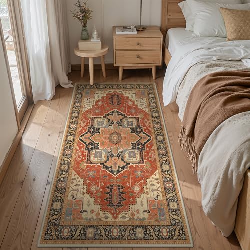 BEIMO Reversible Short Pile Living Room Rug, Vintage Non-Slip and Washable Rugs, Large Carpet for Living Room, Bedroom, Dining Room, Terracotta Red and Black, 80 x 150 cm