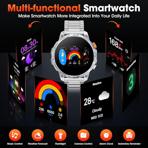 Haulvean Men's Military Watch Battery 1000 mAh Smartwatch Two Bracelets 1.75 Inches HD Screen LED Flashlight 100+ Sports Modes Health Monitoring Bluetooth Calls for iOS Android (Silver)