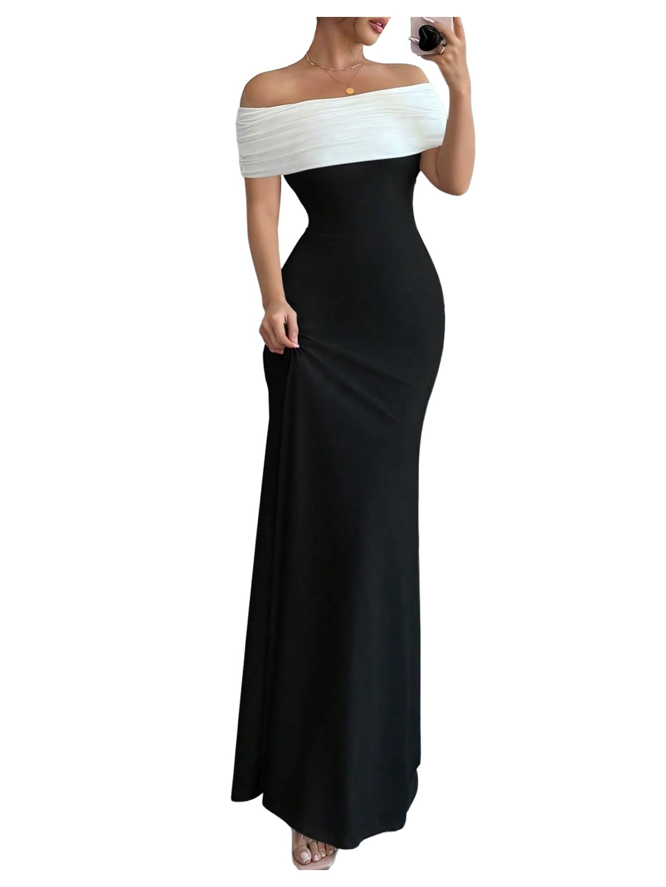 Photo 1 of SOLY HUX Women's Off The Shoulder Color Block Bodycon Fishtail Long Maxi Dress Party Cocktail Outfits Black and White X-Small