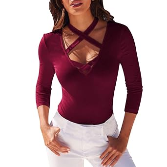 Milktea Damen Blusen Oberteile T-Shirt Damen Mode Casual V-Ausschnitt Tops Langarm Kreuz T-Shirt T-Shirt