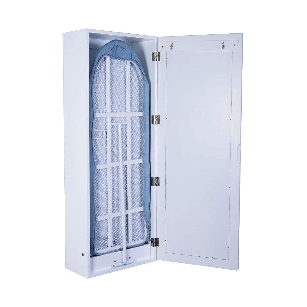 Facilehome Wall Mounted Ironing Board Cabinet, Built in Foldable Ironing Board Closet with Storage, Mirror Door, White