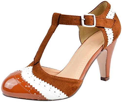 Cambridge Select Women's Closed Toe T-Strap Wingtip Style Cut Out Mid Heel Dress Pump (10 B(M) US, Tan/White)