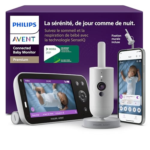 Philips Babyphone caméra Premium avec appli – caméra HD 1080 px, Suivi IA Sommeil et Respiration, interprétation des Pleurs, certifié Dekra cybersécurité maximale, Fixation Murale, SCD974/26