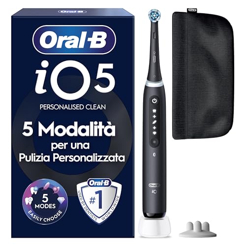Oral-B iO 5 Spazzolino Elettrico, con 1 Testina di Ricambio, Astuccio, Nero - 1 Testine di Ricambio per Spazzolino Elettrico, Ricaricabile, Custodia da Viaggio, Sensore di Pressione, Pulizia Denti
