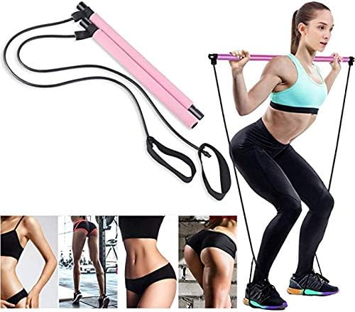 (7-15 days delivery)Dezem Pilates Bar Kit Portable Exercise Stick Yoga Resistance Band, Muscle Toning Bar, Home Gym Fitness Equipment with Foot Loop for Full Body Workout (Pink)
