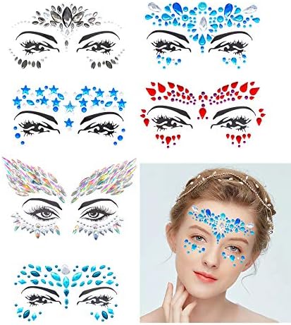 6 Sets Women Mermaid Face Gems Glitter,Rhinestone Rave Festival Face Jewels,Crystals Face Stickers, Eyes Face Body Temporary Tattoos