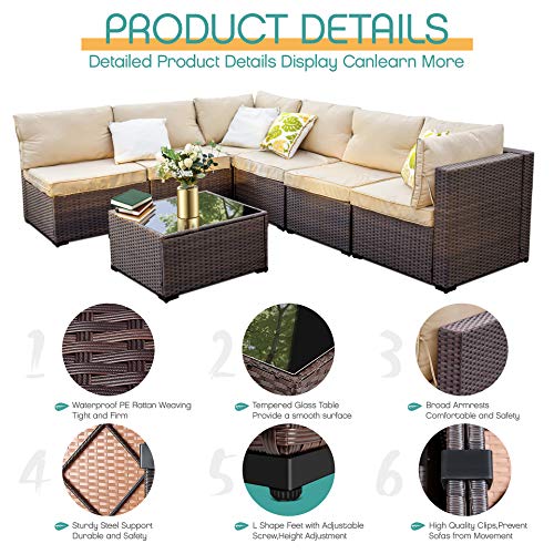 Outdoor Patio Furniture Sets,7 Pieces Rattan Patio Sofa, Manual Weaving Wicker Patio Conversation Sectional Sets with Cushions and Tea Table