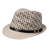 Elee Unisex Kids Straw Short Brim Trilby Fedora Cap Jazz Hat Sunhat with Leather Belt