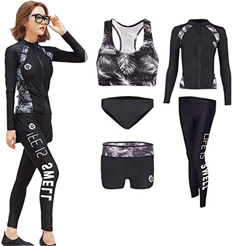 Xiebaijiu 水着 レディース ラッシュガード 長袖 レギンス ショートパンツ ブラ ショーツ ジッパー フィットネス 体型カバー 豪華四点 五点セット Uvカット Upf50 吸汗速乾