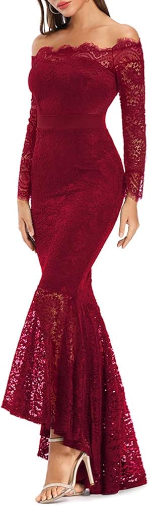 LALAGEN Women's Floral Lace Long Sleeve Off Shoulder Wedding Mermaid Dress at  Women’s Clothing store