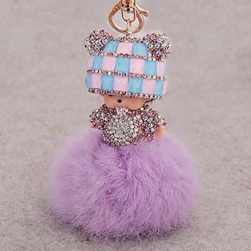 2016 Womens Novelty Rabbit Fur Ball with Cartoon Doll Keychain Genuine Crystal Rhinestone Bag Charm Coppia Key chain Fox Fur Ball(Purple)