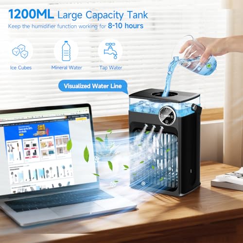 Portable Air Conditioners, Upgraded 4 in 1 Evaporative Air Cooler with 1200ML Tank, Queit Cooling Fan with Remote Control, 2-8H Timer, 3 Modes & 8 Lights, Personal AC Unit for Bedroom and Camping