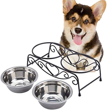 Thur amo Pet Feeder for Dog Cat, Double Stainless Steel Dog Bowls Puppy Cat Pet Food Water Dish Feeder Bowls with Iron Stand