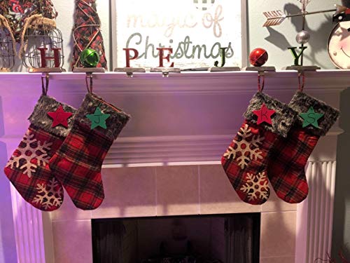 DoubleWood 4 Pack 18 inches Big Christmas Stockings Burlap Plaid Snowflake and Plush Faux Fur Cuff Stockings for Family Holiday Xmas Party Decorations