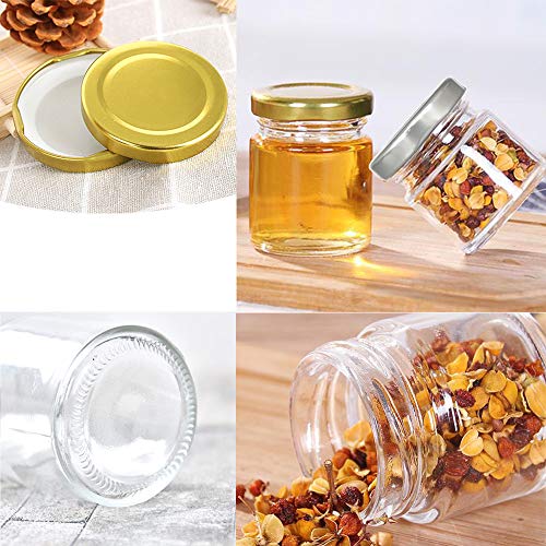 Folinstall 30 Pcs 1.5 oz Glass Jars with Gold Lids, Mini Mason Jars for Gifts, Crafts, Wedding, Spice, Extra 15 Silver Lids, Chalkboard Labels, Tags String and 30 Disposable Wooden Spoons Included
