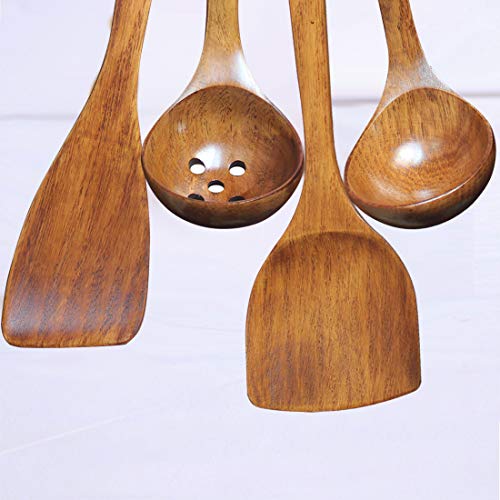 Wooden Utensils Set for Cooking Kitchen Tlever1 Solid Wood Kitchen Utensils Cooking Spatula and Spoons Set Slotted Spatula, Angled Spatula, Mixing Spoon, Colander Spoon (13.38in)