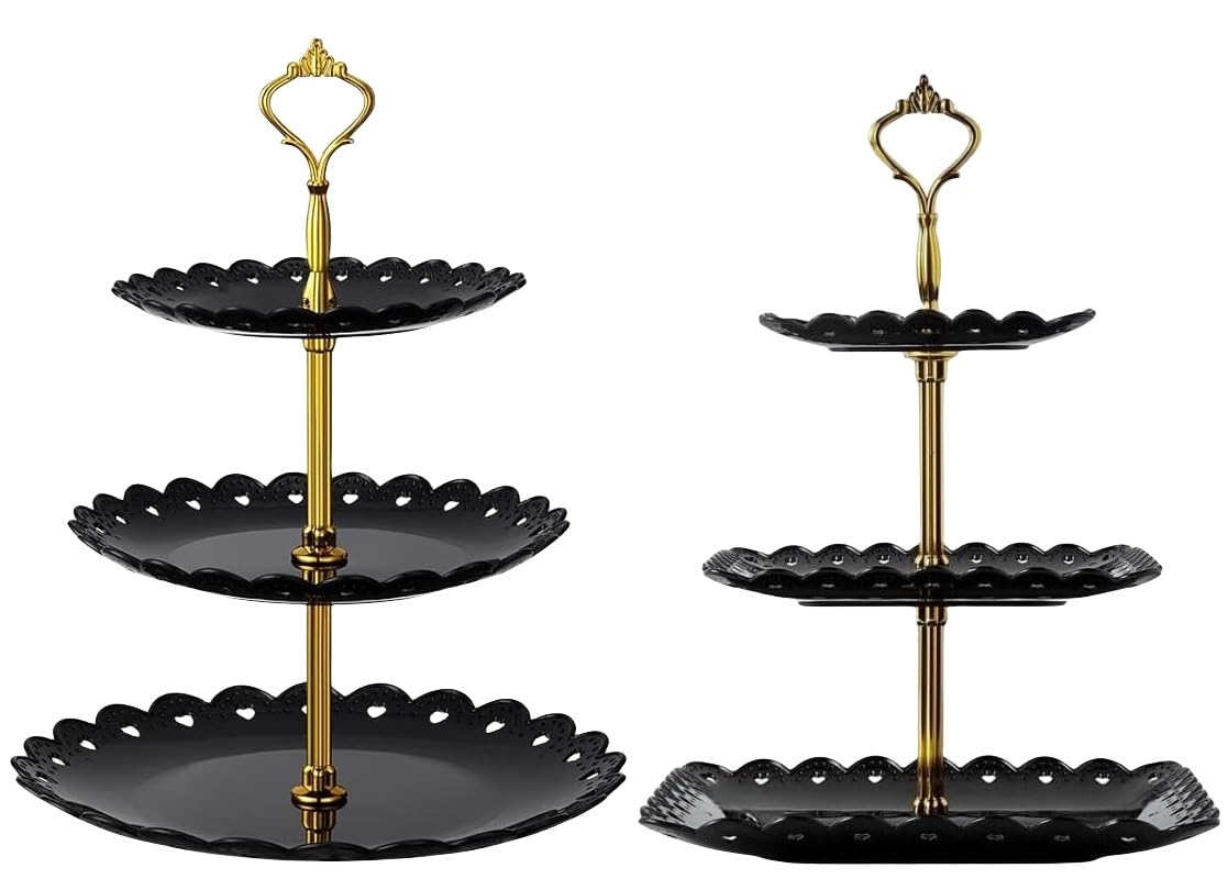 Photo 1 of 2 Pack of Large Plastic Dessert Stands, 3 Tier Cupcake Stand, 3 Tiered Serving Display Stand Reusable Pastry Dessert Tower Tray/Platter for Tea Party, Baby Shower and Wedding (Black)