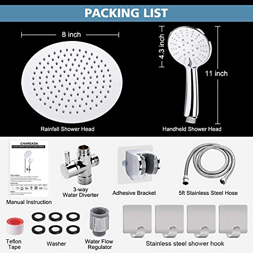8 inch High Pressure Shower Head Stainless Steel Rainfall 3 Settings Handheld Shower Head Combo with 60\'\' Hose – Chrome Finish With Strong Suction Holder Flow Regulator 4 Shower Hooks