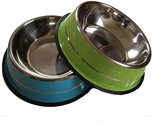 4LoveDogs 32oz Green and blue Large Stainless Steel Dog Bowls,Set of 2
