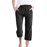 MaMiDay Women's Linen Pants Casual Summer Capris Loose Fit Lightweight Drawstring Waisted Cropped Pants with Pockets