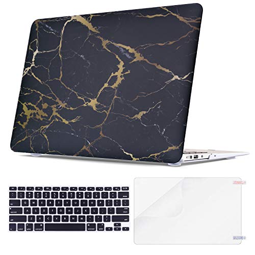 MacBook Air 13 Inch Case, TeenGrow Rubberized Plastic Protective Hard Laptop Case Shell with Keyboard Cover & Screen Protector for Mac Air 13" (Model: A1369/A1466), Black & Gold Marble