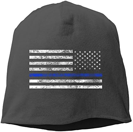 American Flag Thin Blue Line Unisex Warm Winter Hat Knit Skull Beanie Slouchy Beanie Hat/Cap Black